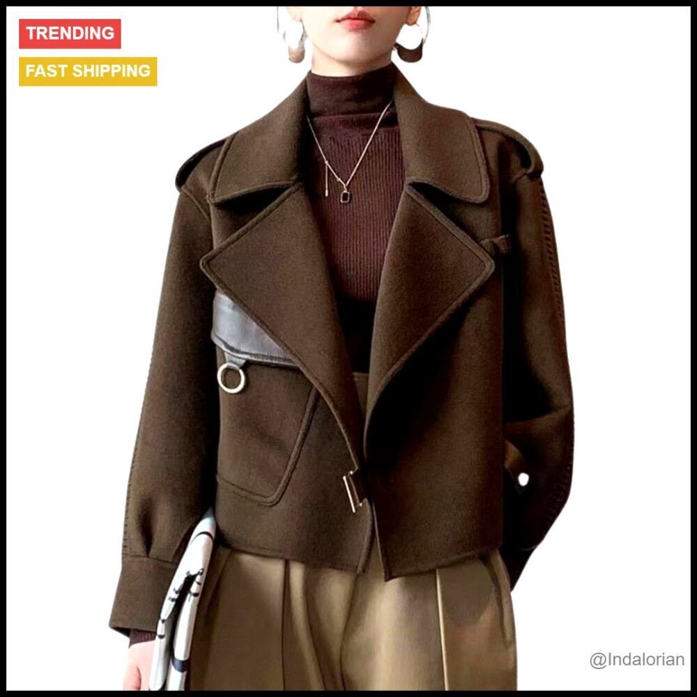 Cropped Wool Pea Coat Notched Lapel Open Front Trench Overcoat with Pockets